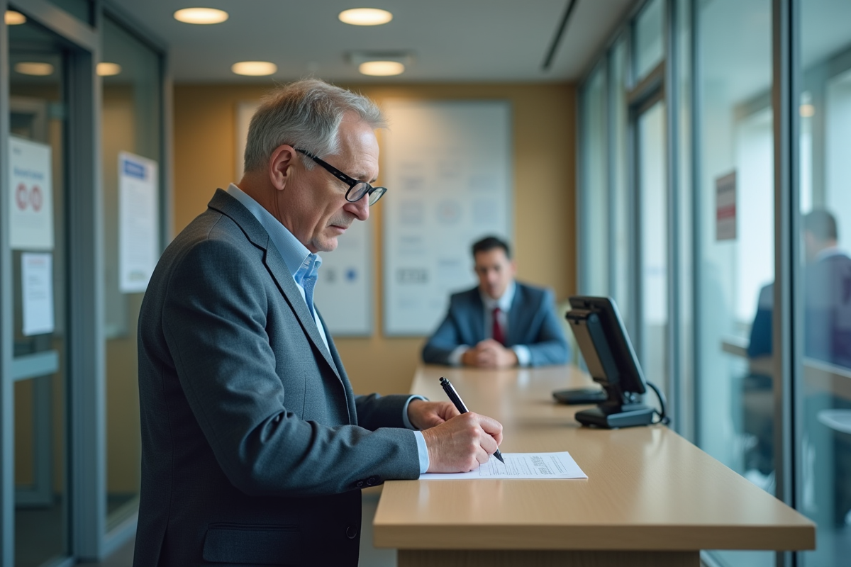 Homme signant un formulaire dans un bâtiment administratif
