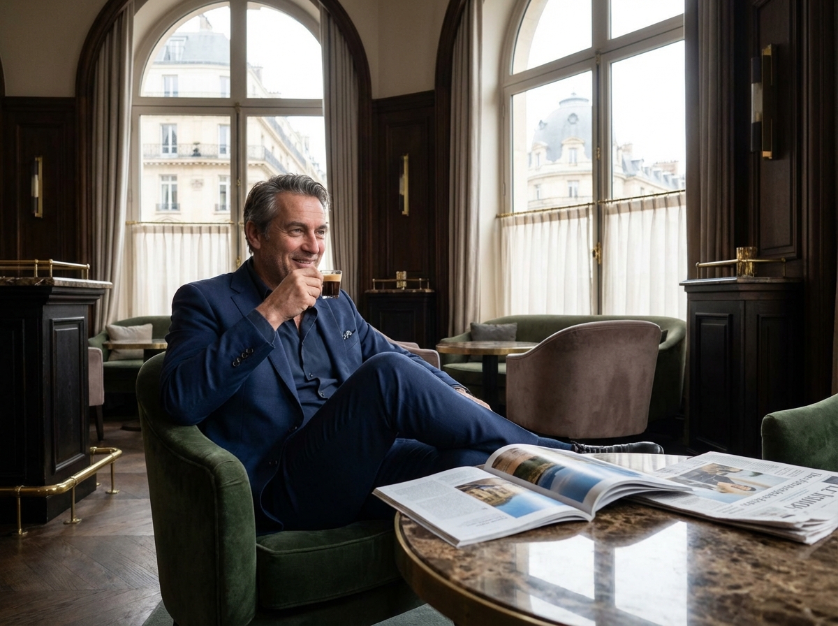Homme en costume dans un lounge parisien chic