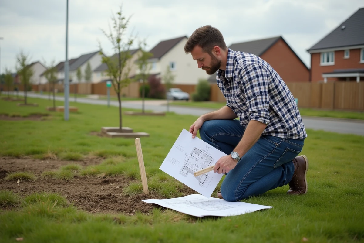 Homme inspectant un terrain avec plans et piquets de limite