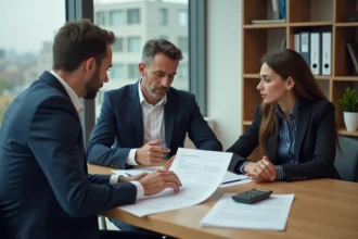 Agent immobilier et couple d'acheteurs examinant un contrat de vente immobilière dans une agence moderne, discussion sur les honoraires