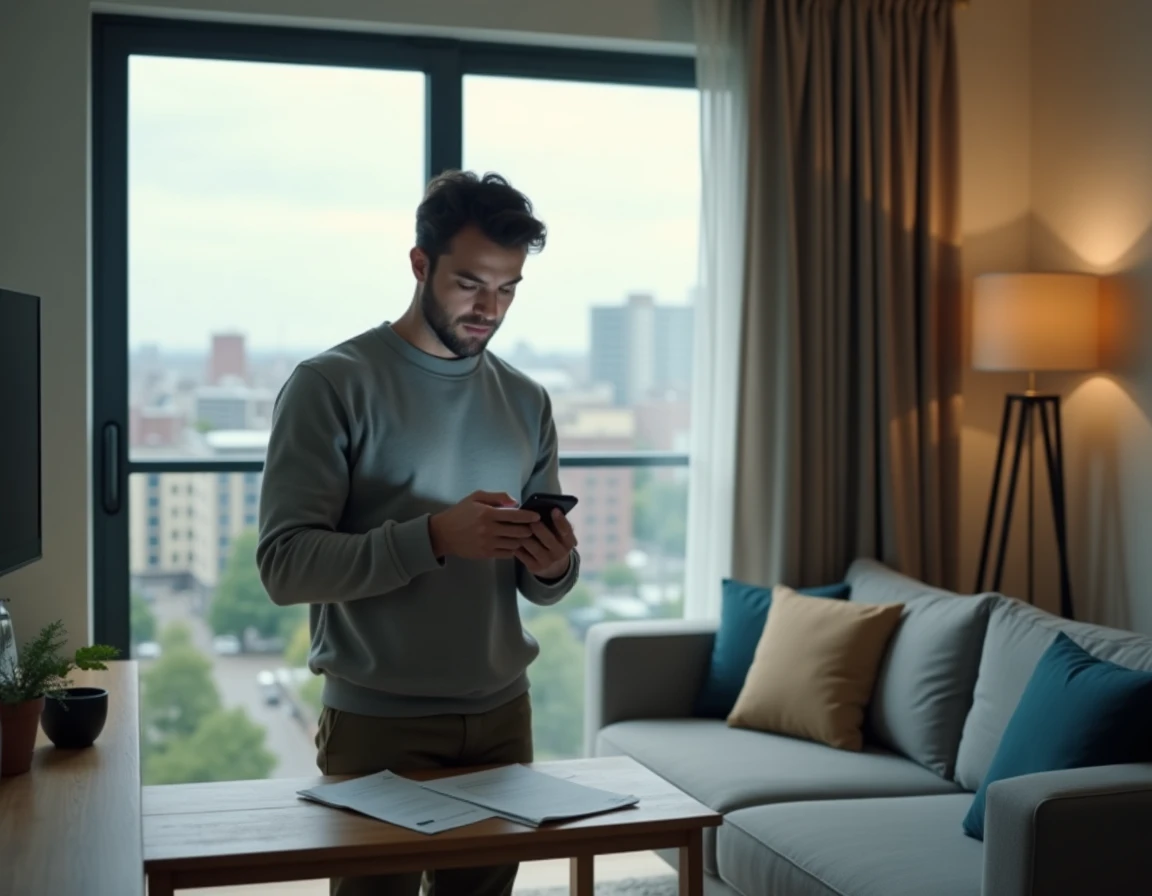 Homme consultant le site AL'in sur son smartphone dans son appartement pour s'inscrire en tant que salarié en CDI