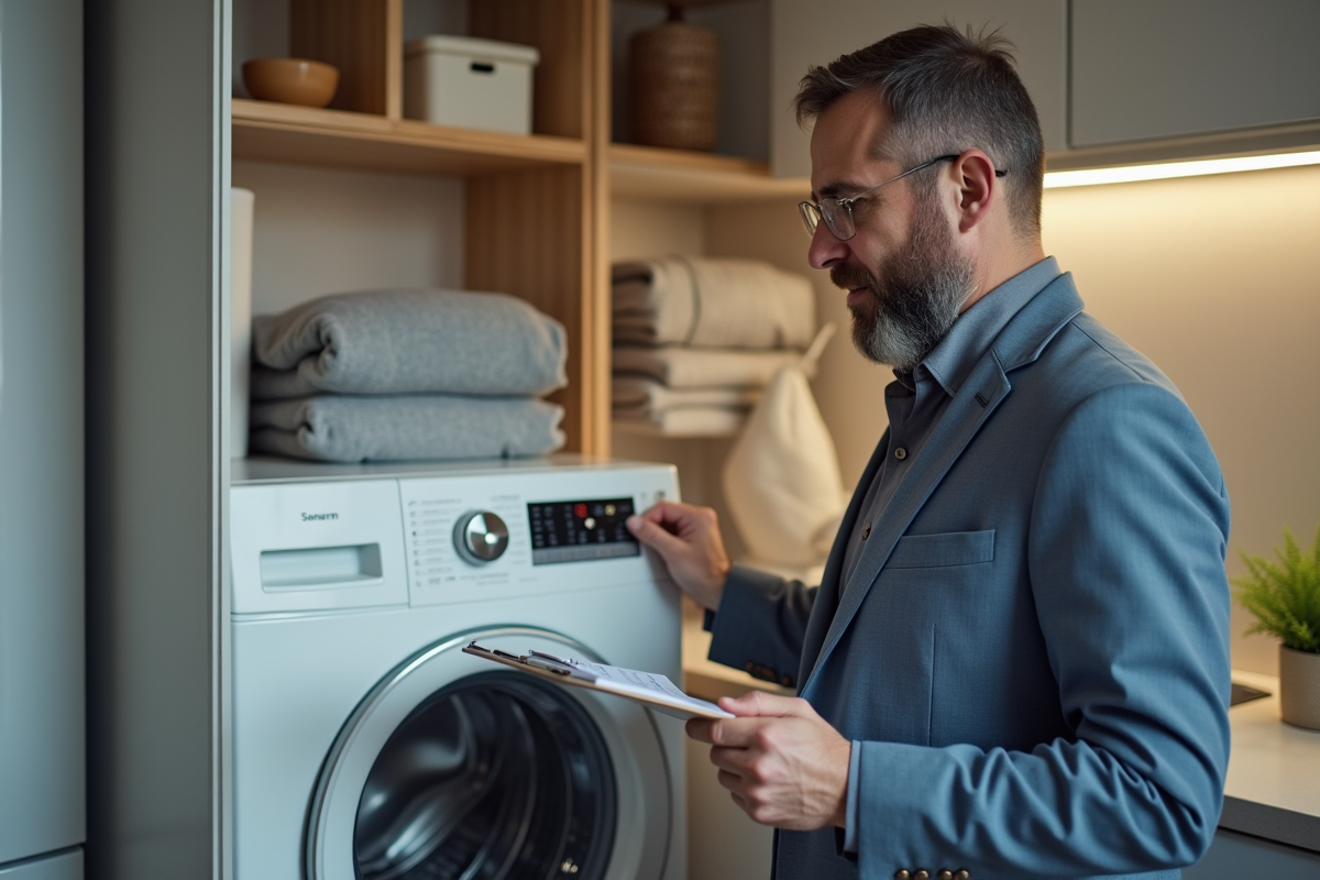 Homme d'âge moyen inspectant un lave-linge en appartement moderne