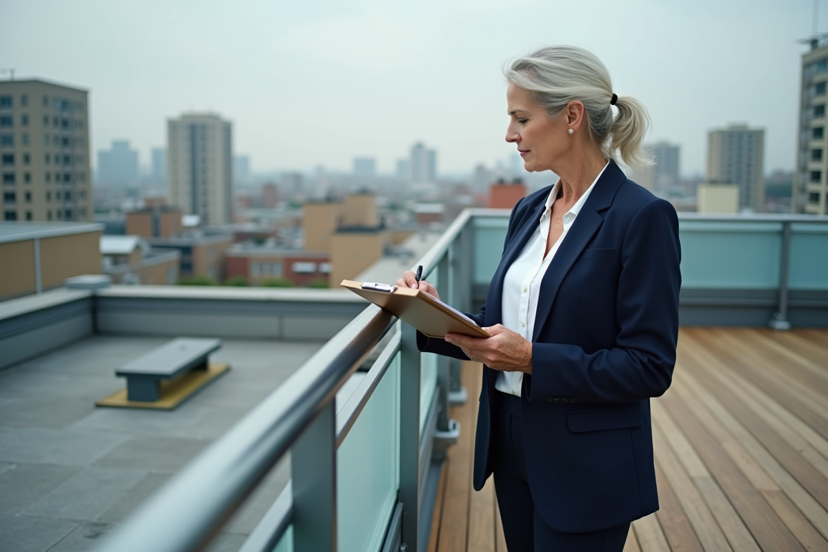 Femme gestionnaire inspectant une terrasse de toit en notant sur un clipboard