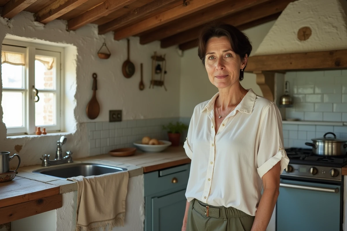 Femme inspectant les traces d'humidité à l'intérieur d'une maison de pêcheur méditerranéenne à rénover
