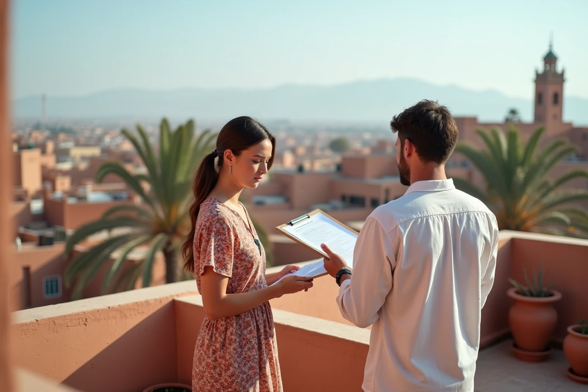 Couple inspectant la terrasse et la structure d'un riad à vendre à Marrakech avec vue sur la médina