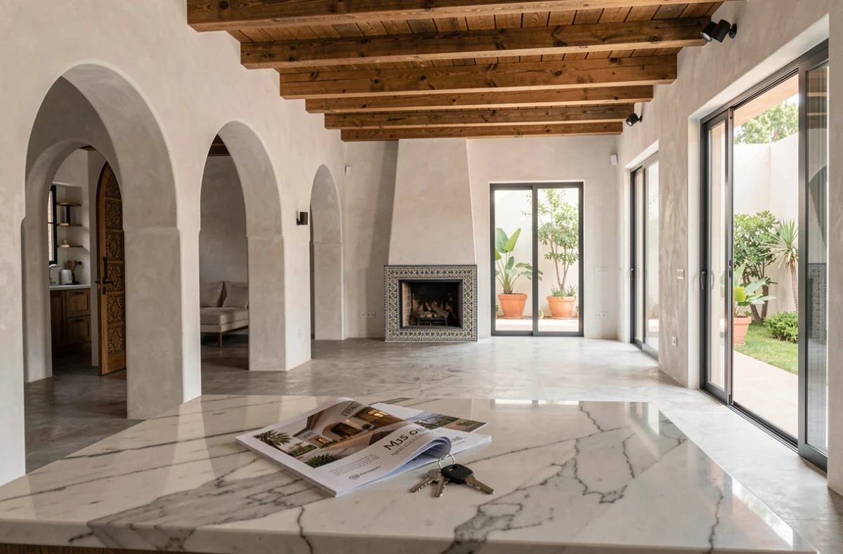 Intérieur d'un appartement de luxe à vendre dans le quartier Guéliz de Marrakech avec décoration marocaine contemporaine
