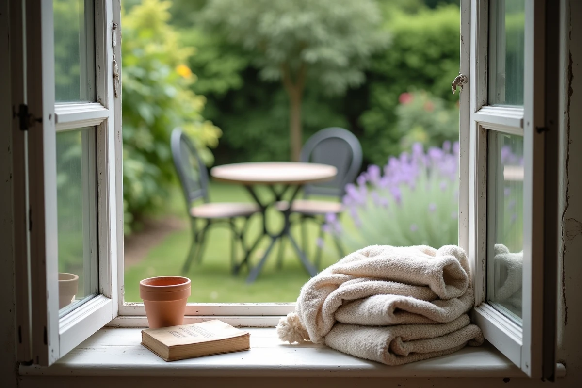 Vue depuis l'intérieur d'une petite maison de campagne avec jardin fleuri à louer dans le 27