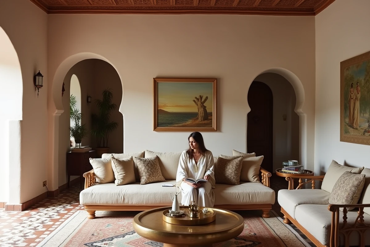 Intérieur meublé d'une villa de location longue durée à Essaouira avec décoration marocaine traditionnelle