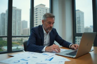 Investisseur immobilier analysant des plans et tableaux financiers pour optimiser la rentabilité d'un immeuble de rapport