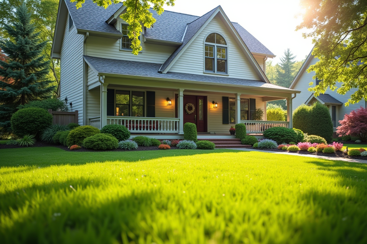 Jardin avant avec pelouse et maison repeinte pour valorisation
