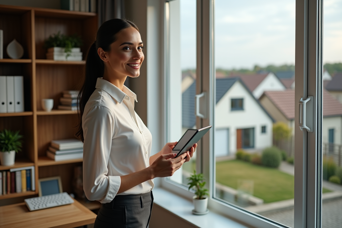 Jeune conseillère immobiliere avec tablette dans un bureau chaleureux