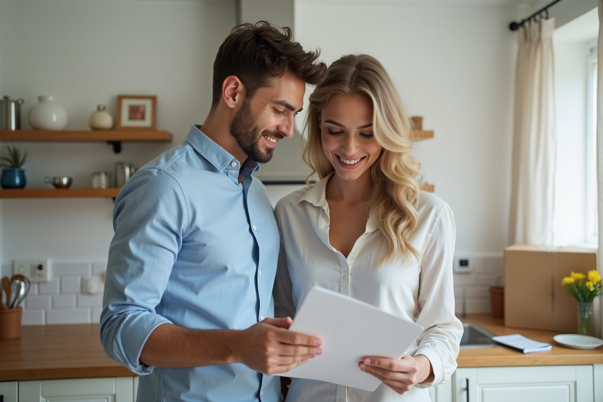 Couple dans une cuisine moderne en train de revoir des documents