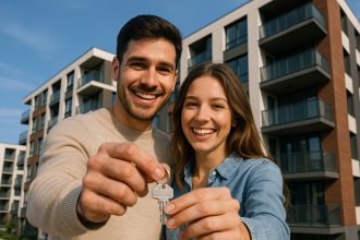 Jeune couple souriant tenant des clés devant un immeuble moderne