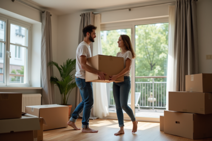 Jeune couple riant en déménageant dans un appartement lumineux