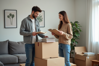 Jeune couple emballant des livres dans un salon cosy