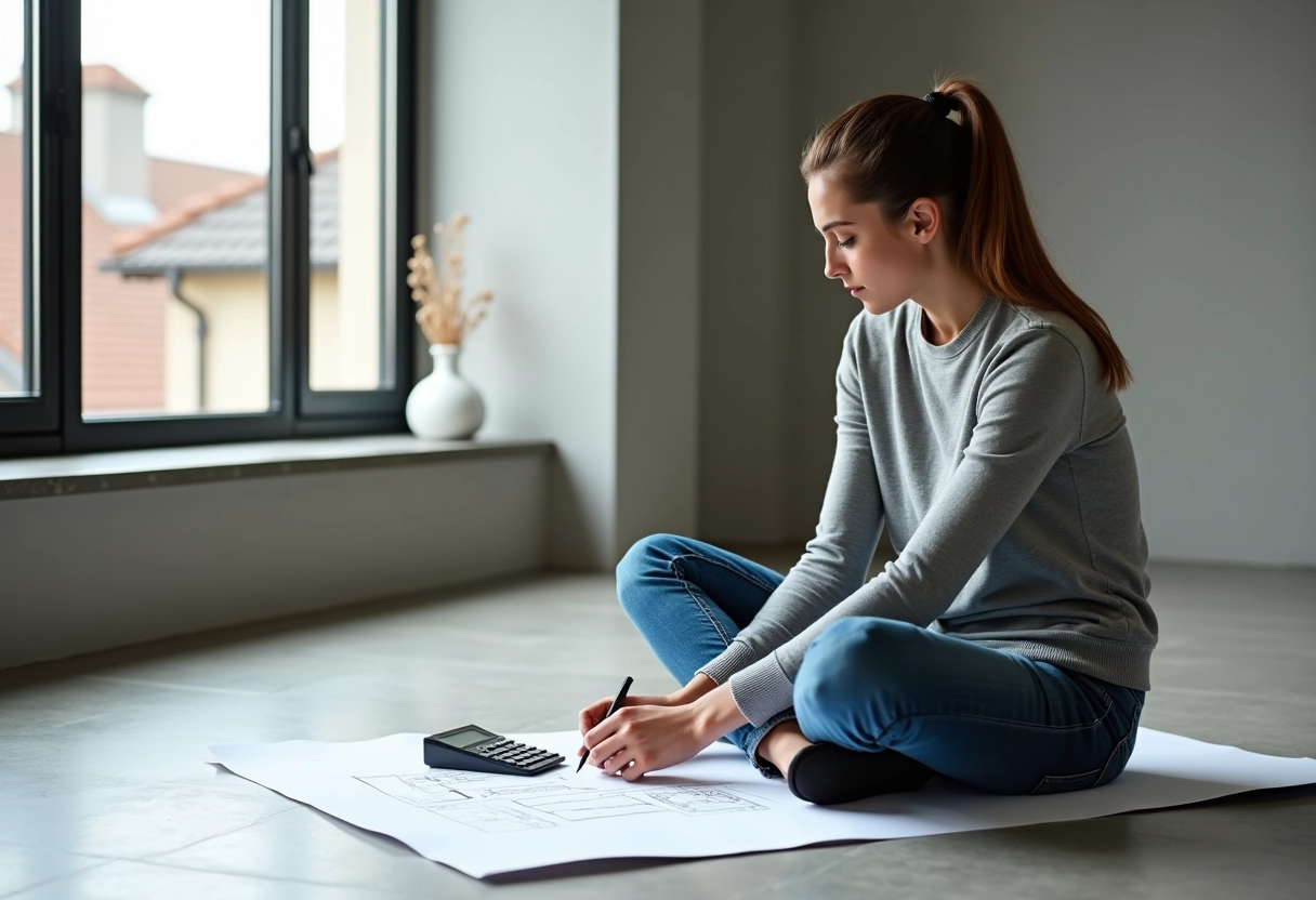 Jeune femme prenant des notes avec plans dans un appartement rénové