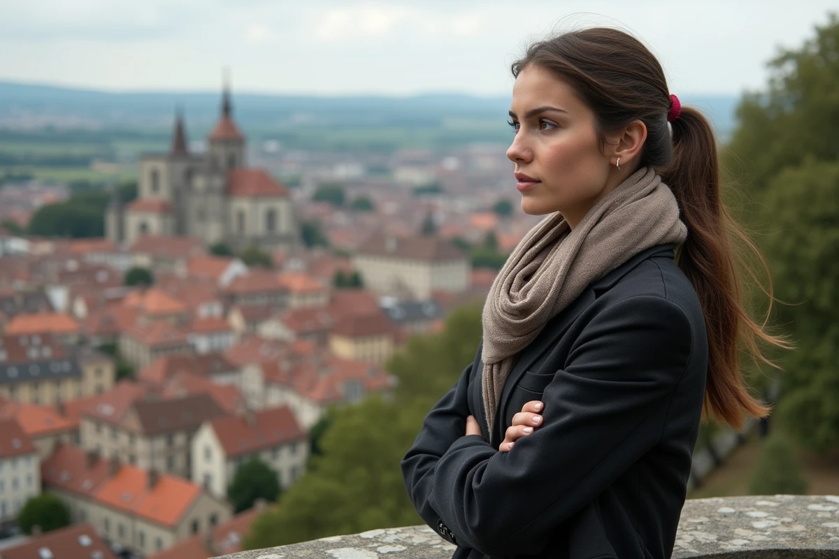 Jeune femme regardant la ville de Bergerac
