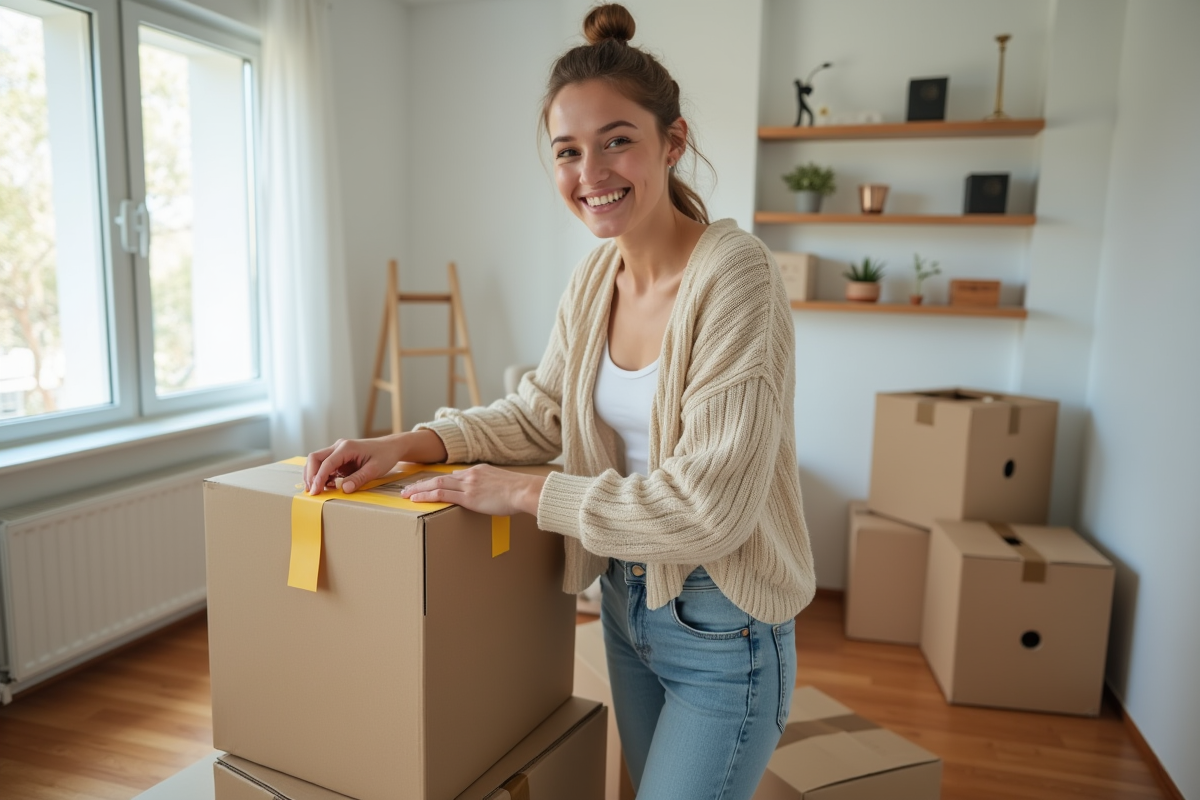 Jeune femme emballant une boxe en carton dans un appartement moderne