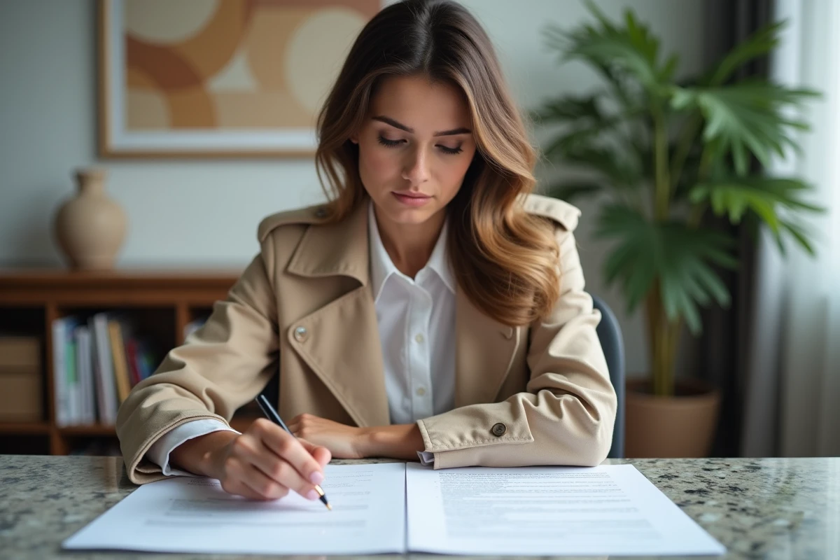 Jeune femme en trench coat analysant un contrat notarial dans un bureau moderne