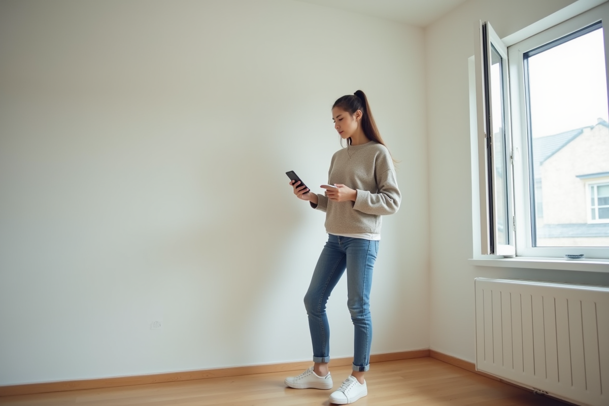 Jeune femme prenant en photo des marques sur un mur dans un appartement vide