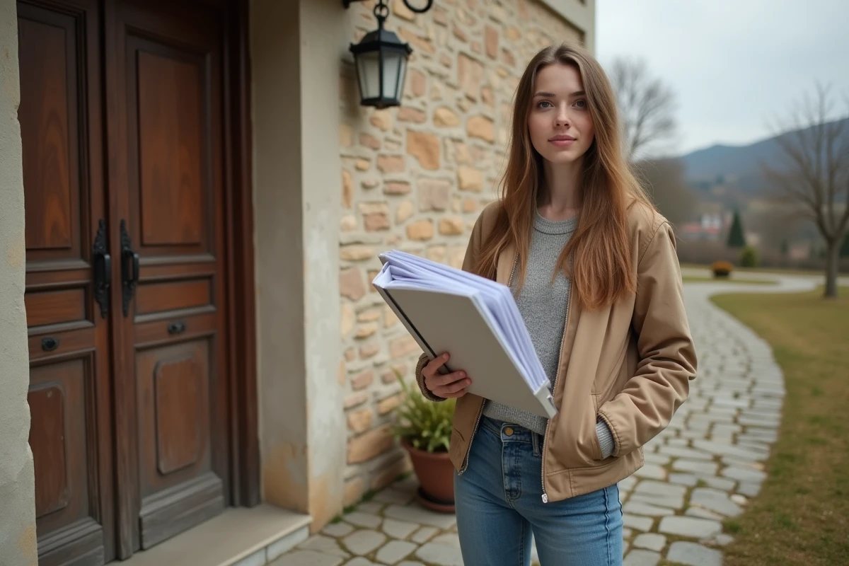 Jeune femme avec dossier devant une mairie rurale