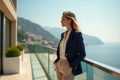 Jeune femme élégante sur un balcon à Monte Carlo