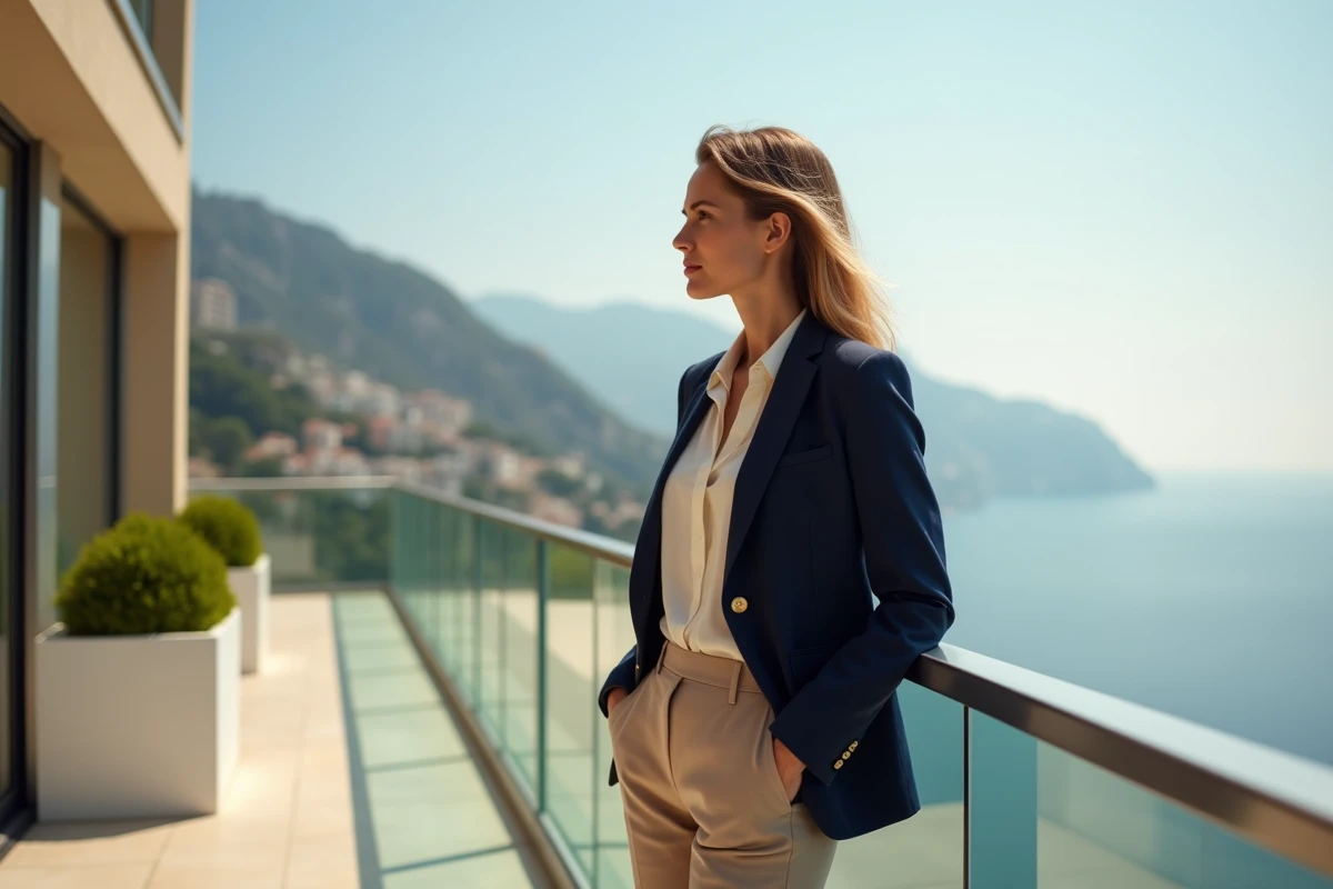 Jeune femme élégante sur un balcon à Monte Carlo