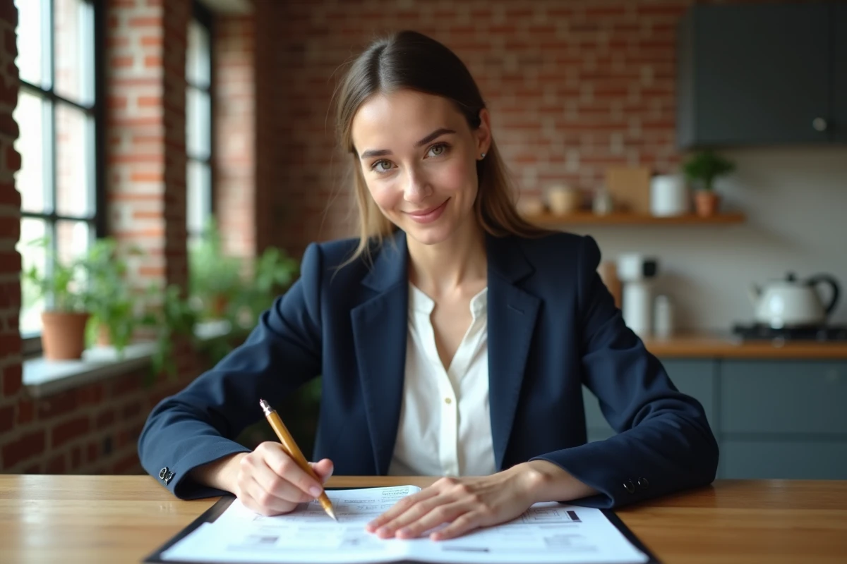 Jeune femme organise ses documents de location dans un appartement lumineux