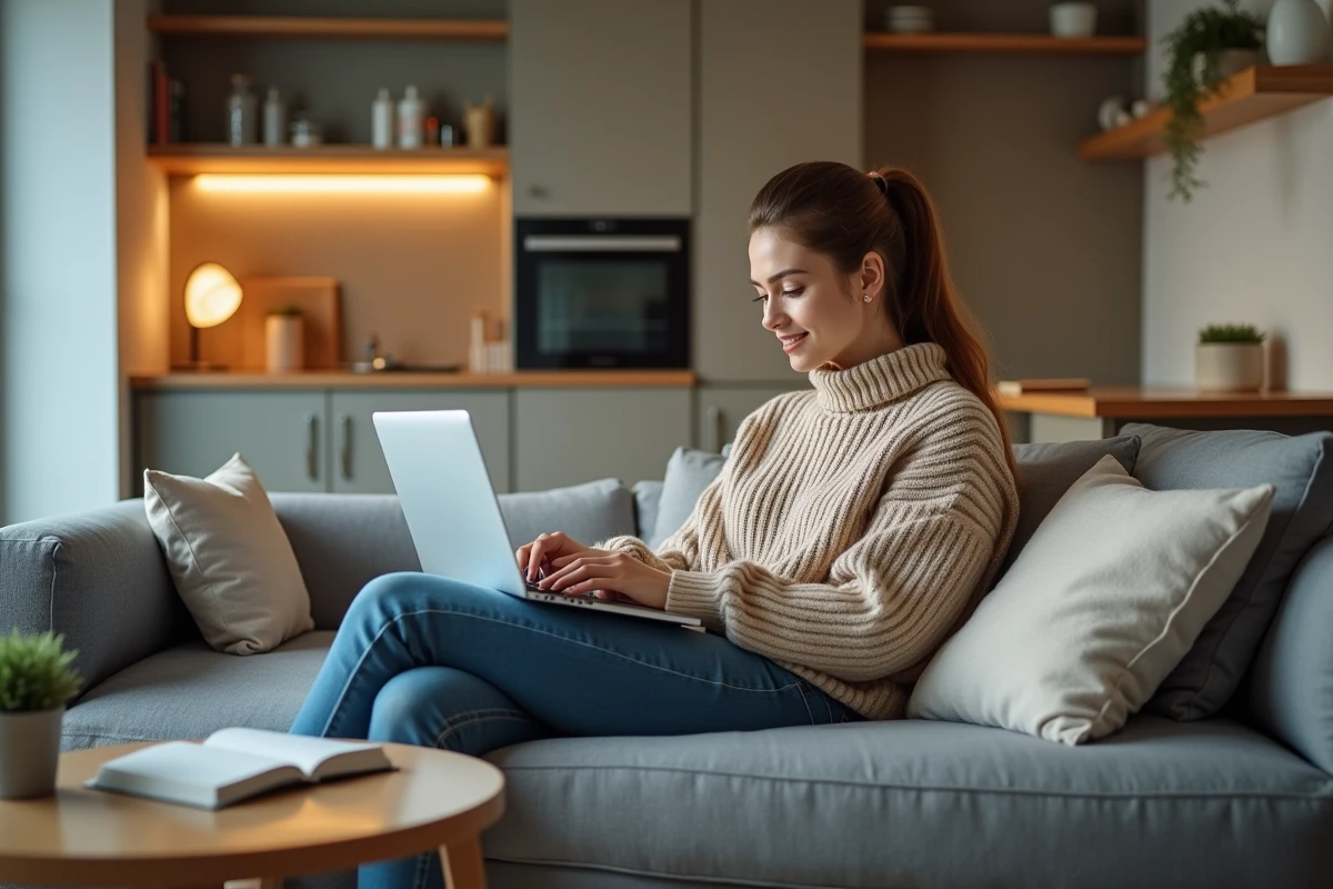 Jeune femme en studio étudiant travaillant sur son ordinateur