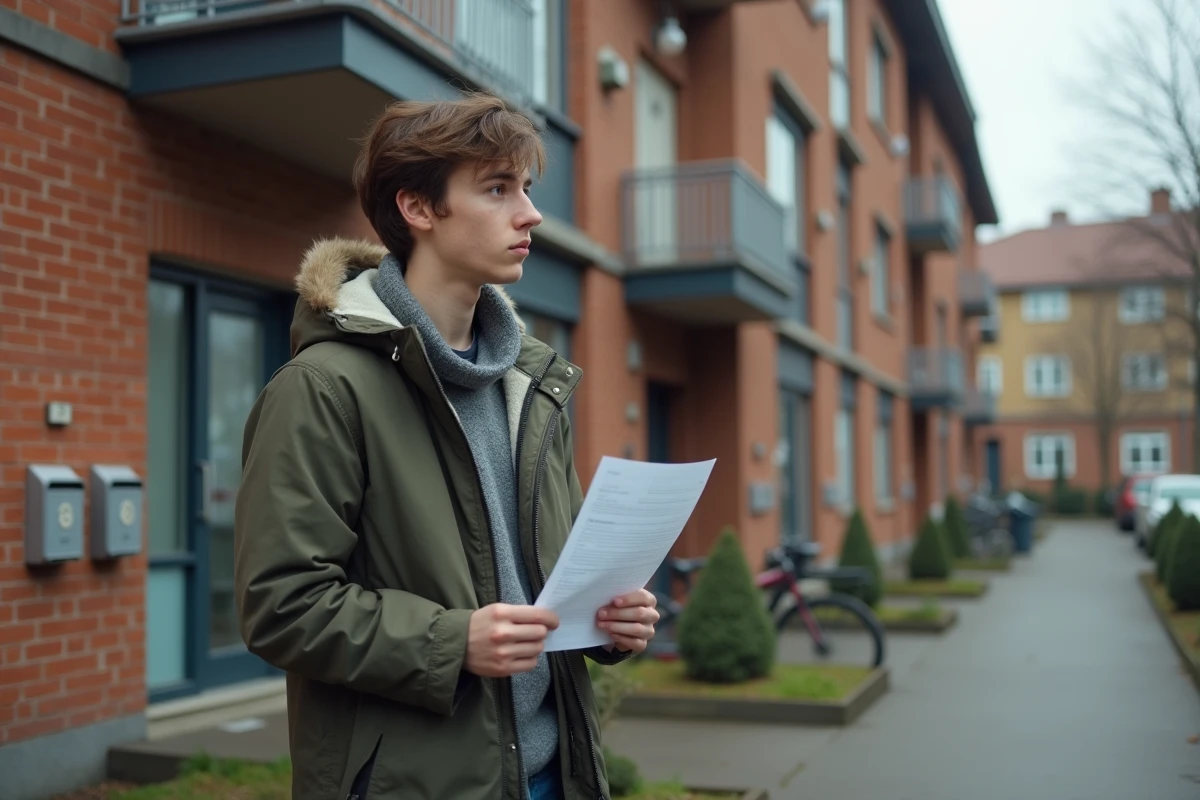 Jeune homme tenant ses papiers devant un immeuble social