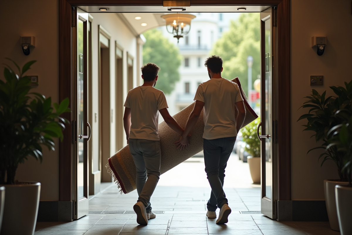 Jeune homme et ami portant un tapis dans un hall d