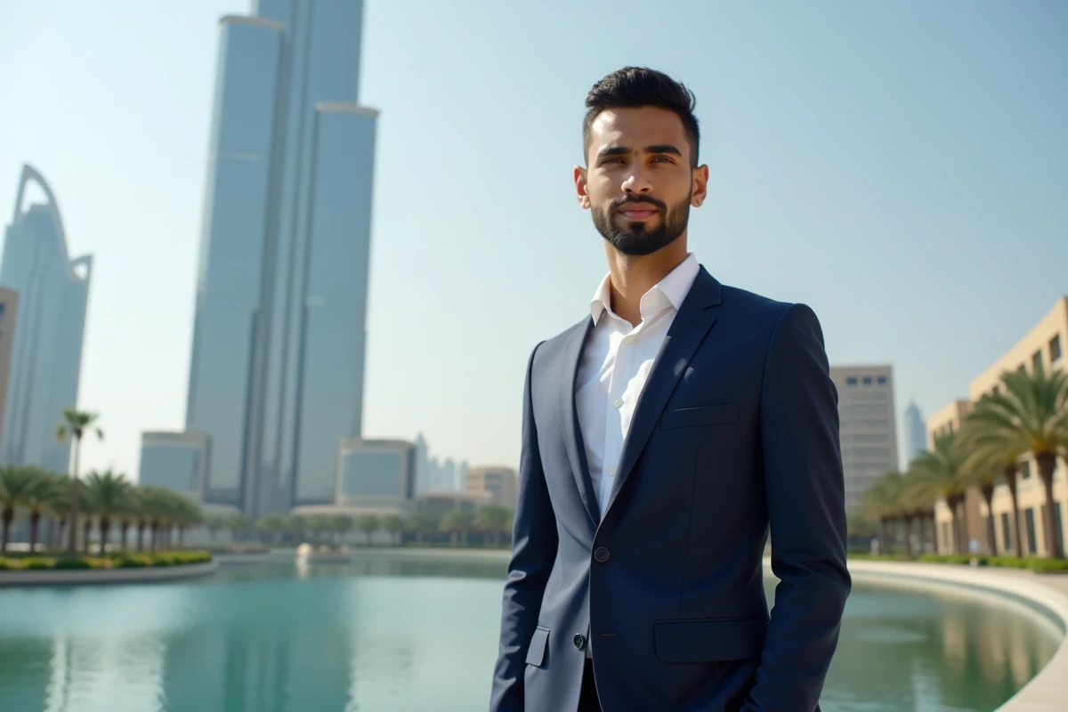 Jeune homme en costume devant Almas Tower à Jumeirah
