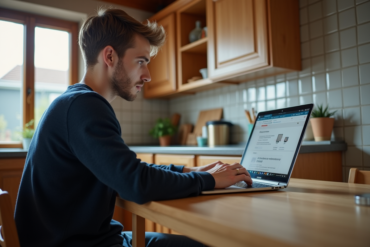 Jeune homme consulte un site officiel sur son ordinateur à la maison
