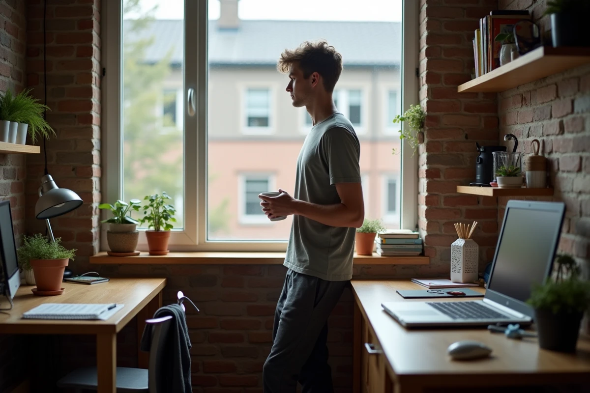 Jeune homme pensif dans son studio étudiant regardant par la fenêtre
