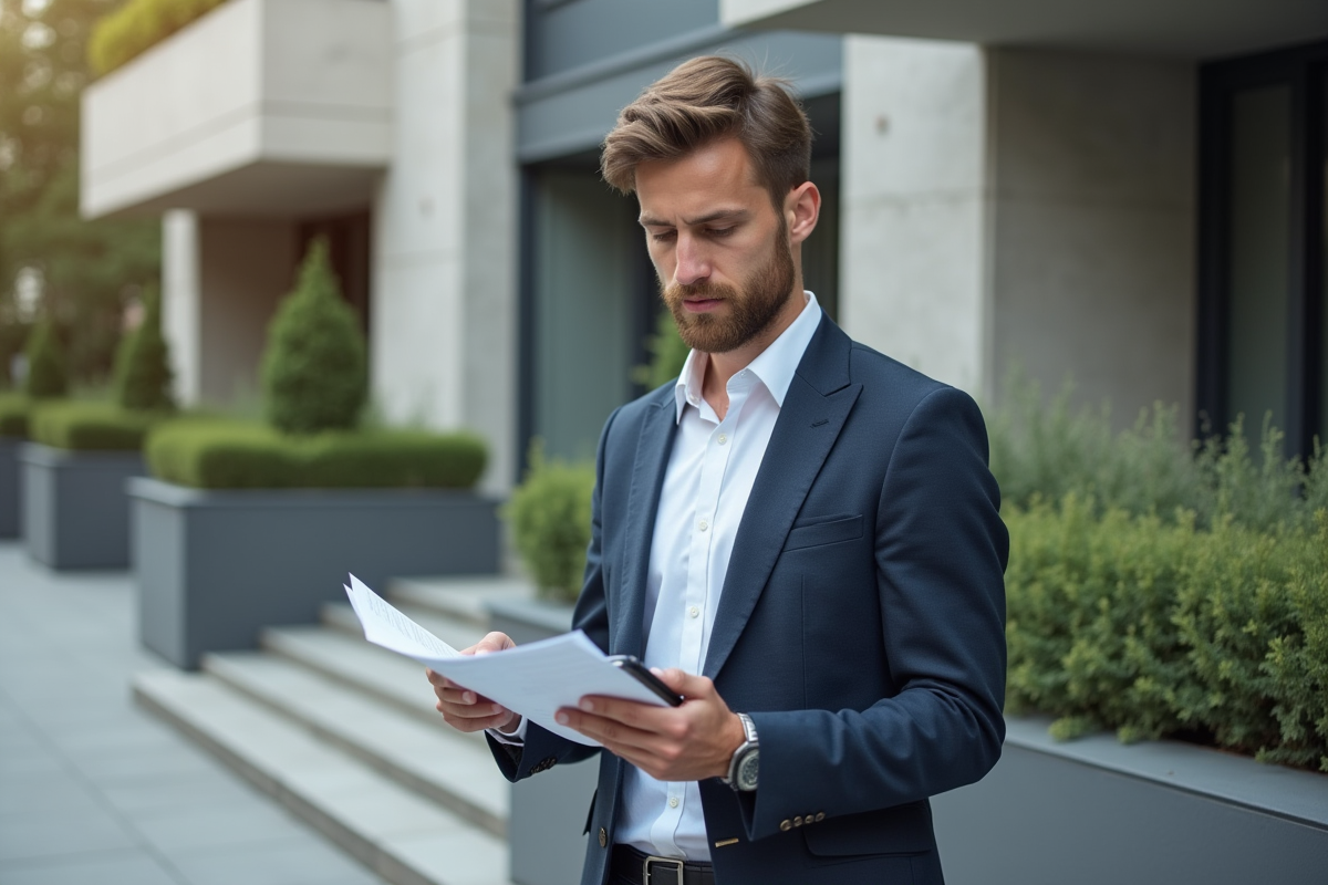 Jeune homme français dehors avec dossier et calculatrice