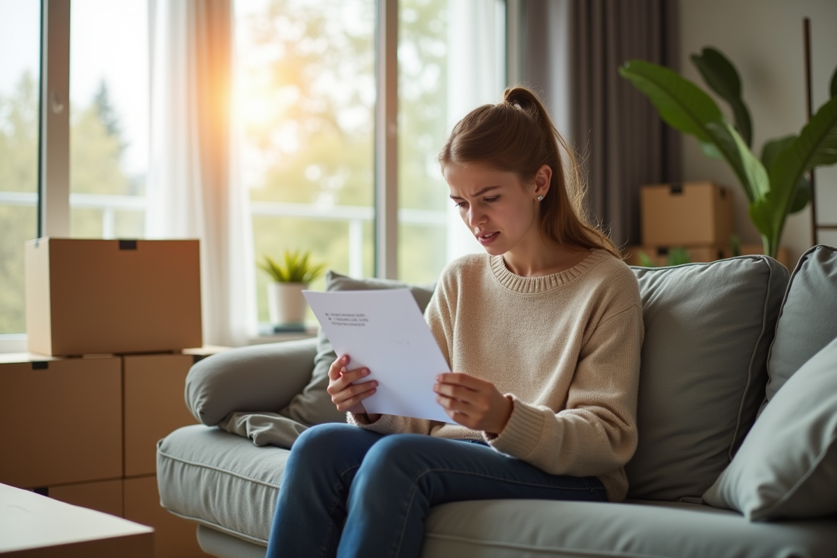 Jeune locataire inquiet avec cartons dans un appartement lumineux