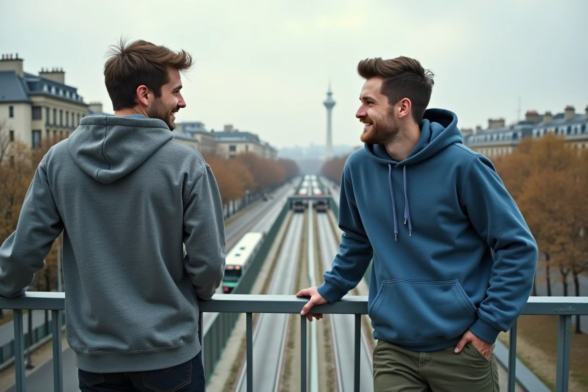 Deux jeunes hommes discutent dans un parc urbain à Mille