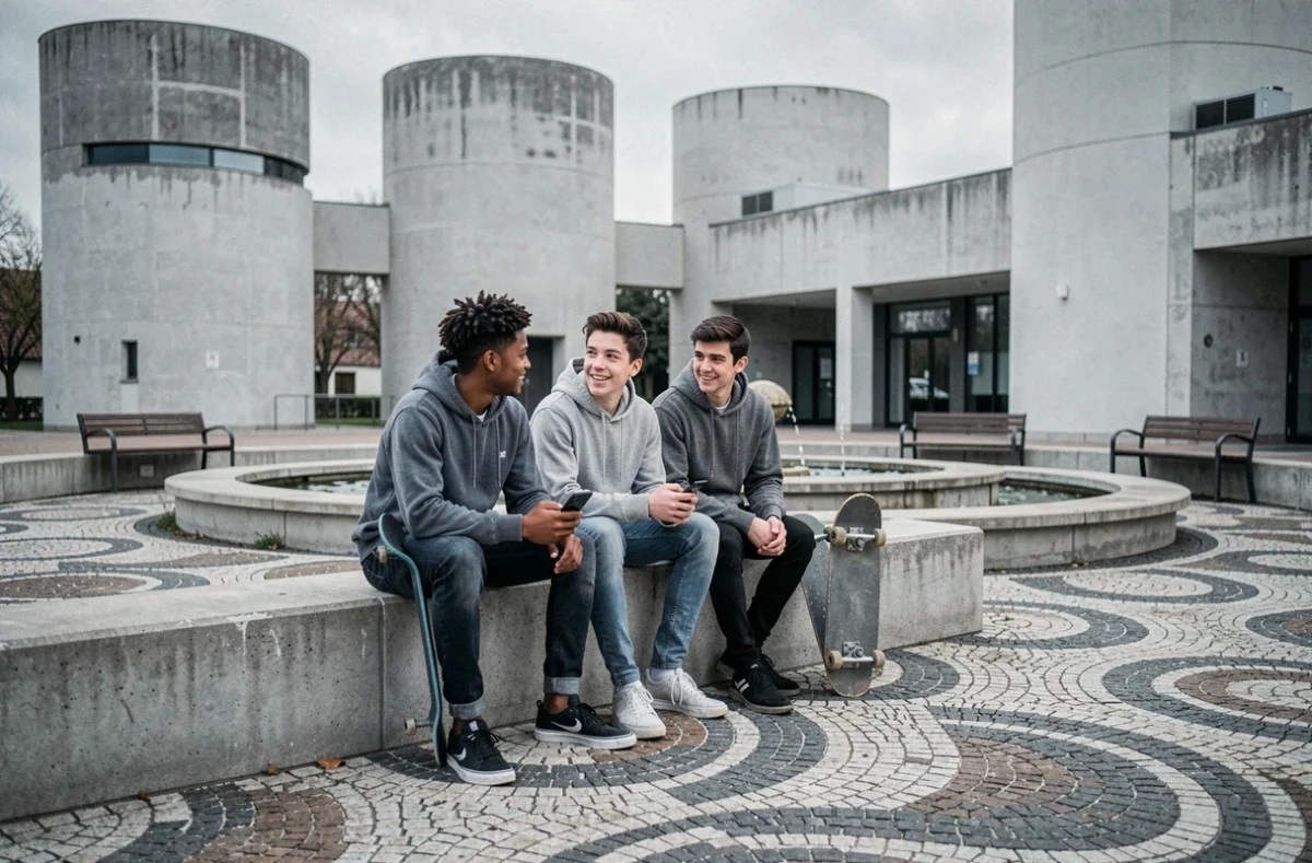 Jeunes habitants assis dans la place centrale de la Cité Pablo Picasso à Nanterre, scène de vie urbaine dans un quartier populaire