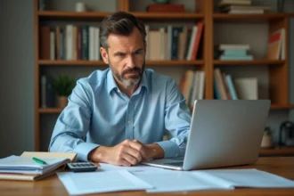 Propriétaire LMNP examinant les documents d'inscription RCS obligatoire à son bureau en 2026