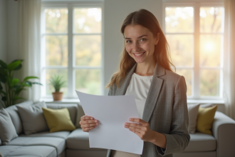 Jeune locataire tenant des documents dans un salon lumineux