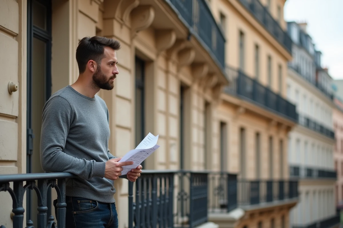 Locataire consultant une estimation de loyer sur un balcon haussmannien typique de Lyon
