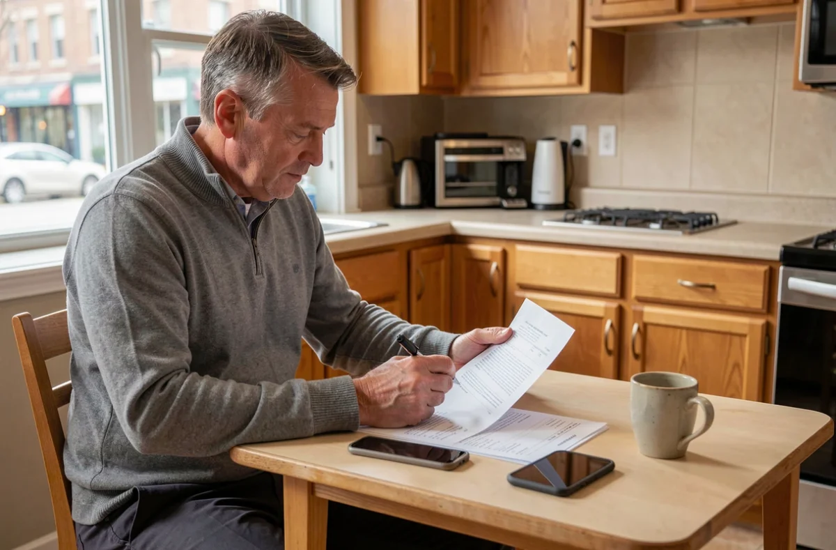 Locataire relisant son contrat de bail et ses droits légaux pendant la période de préavis dans sa cuisine