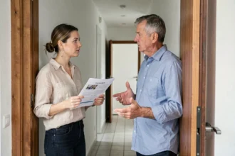 Locataire tenant un document face à son propriétaire sur le pas de la porte pendant la période de préavis
