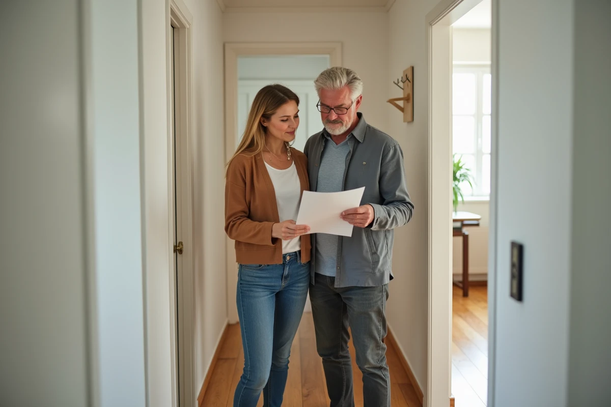 Couple de locataires lisant un courrier de reconduction de bail dans leur appartement en location Pinel