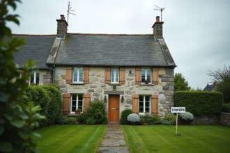 Maison en pierre bretonne à vendre avec panneau immobilier dans le Morbihan