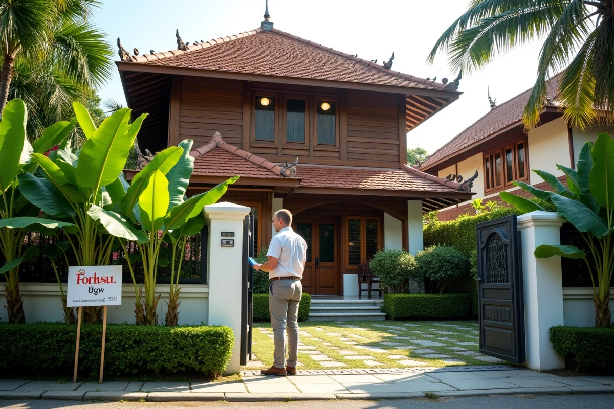 Maison traditionnelle thaïlandaise en teck avec jardin tropical et panneau à vendre, visitée par un expatrié