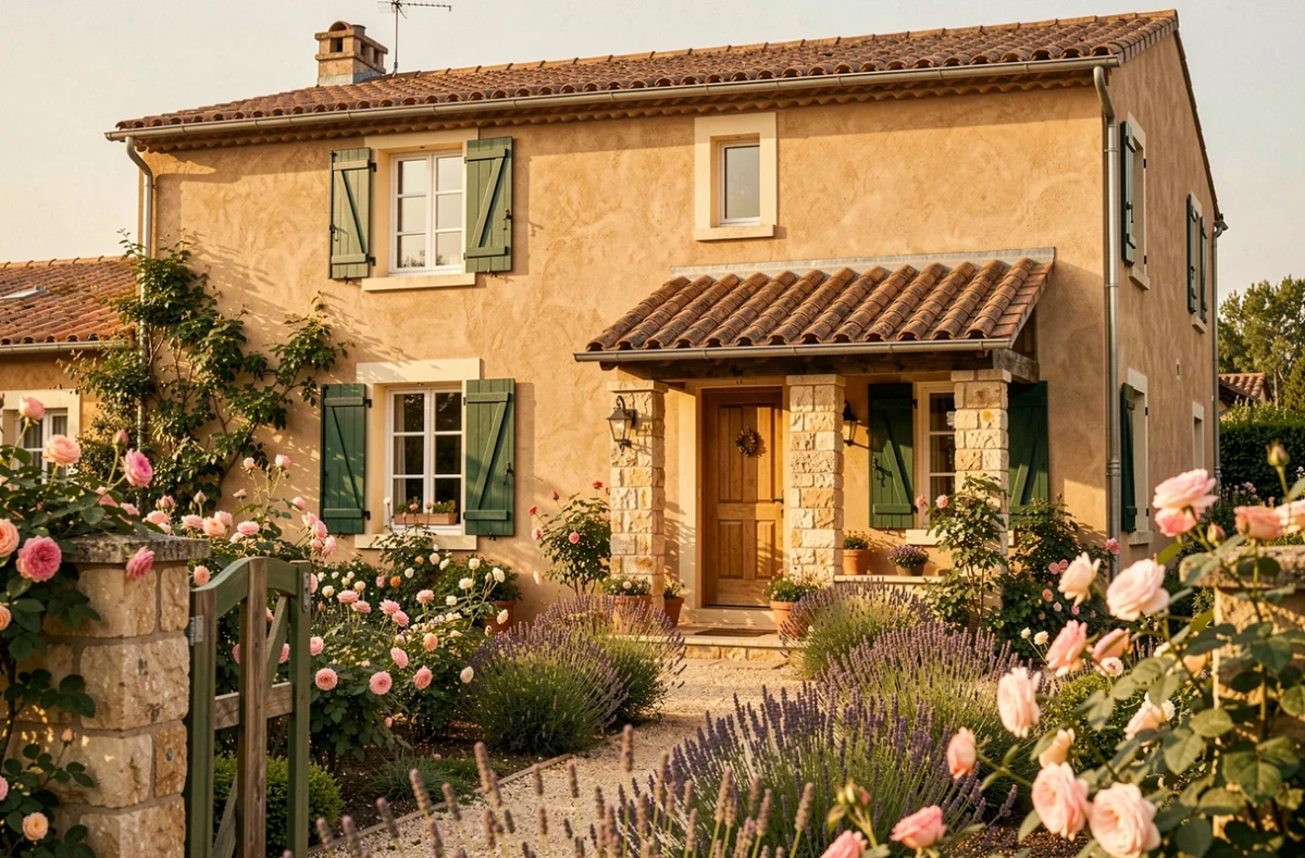 Maison de Manon de style provençal traditionnel avec volets verts, jardin fleuri et tuiles canal dans le Vaucluse