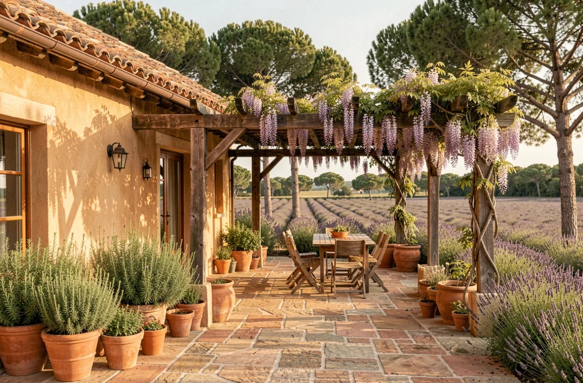 Maisons Provence maison traditionnelle provençale avec terrasse couverte, pergola en bois et jardin aux herbes aromatiques