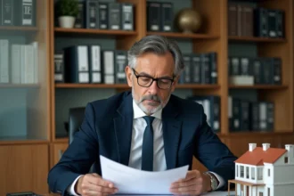 Agent immobilier marchand de bien analysant des documents juridiques liés à la TVA dans un bureau notarial parisien