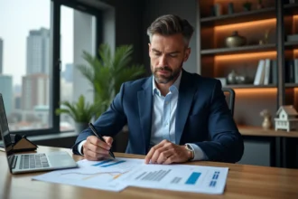 Marchand de biens analysant des documents fiscaux liés à la TVA sur un bureau en chêne dans un bureau immobilier moderne